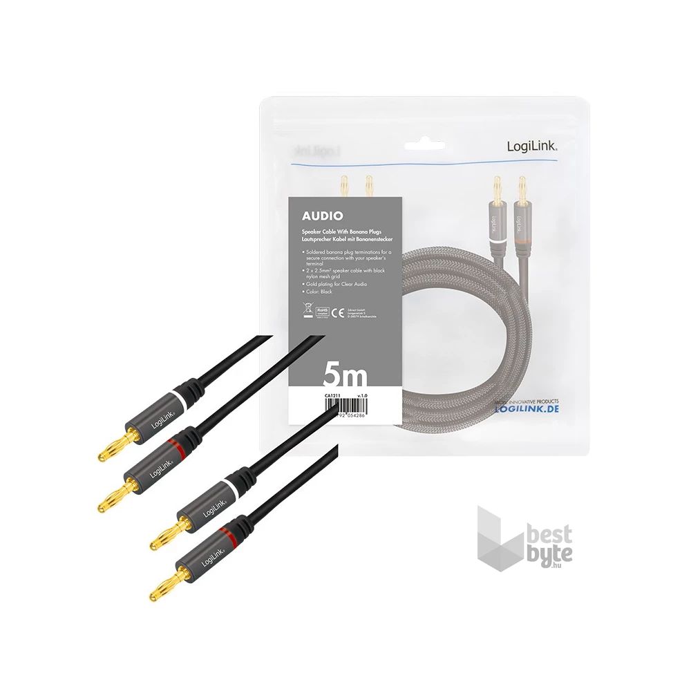 Logilink CA1211 Audio kábel, 2x2 Banán csatlakozó, fém, 5 m