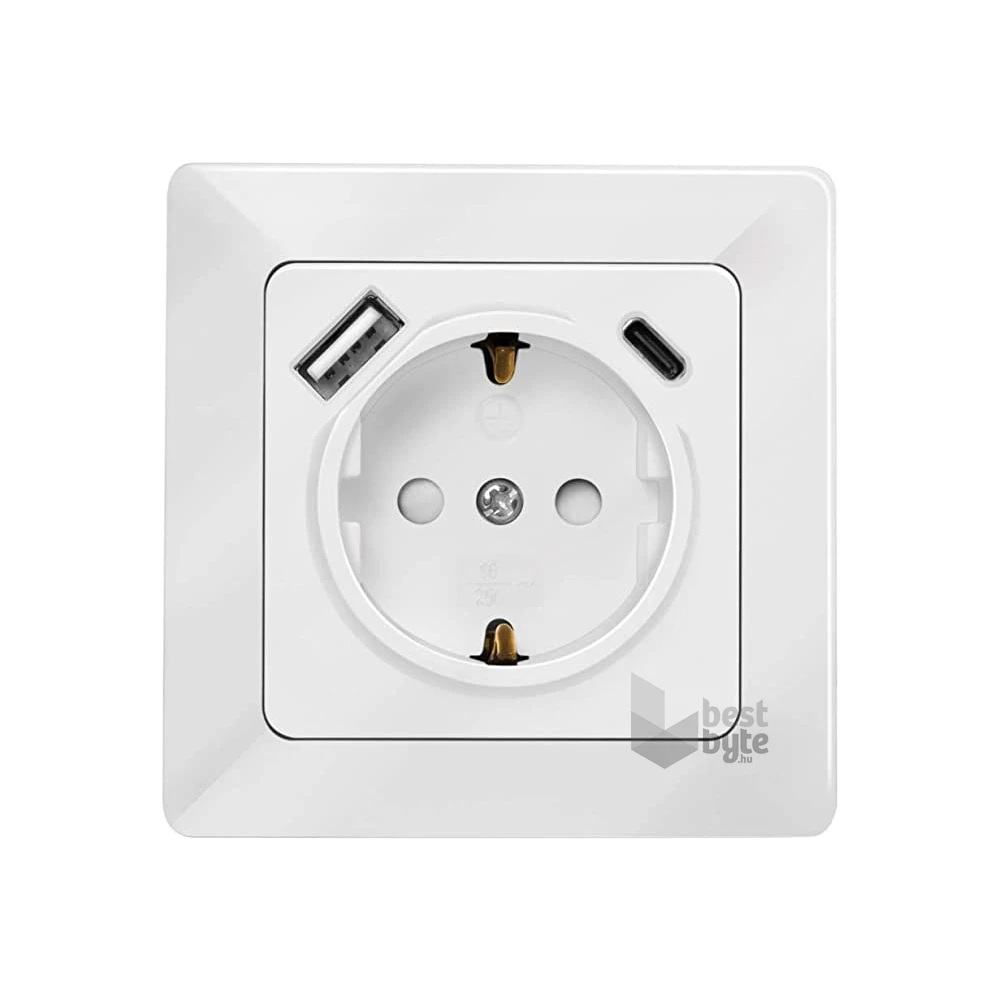 Logilink PA0253 Fali konnektor 1 aljzat + 1 portos USB-A + 1portos USB-C töltő