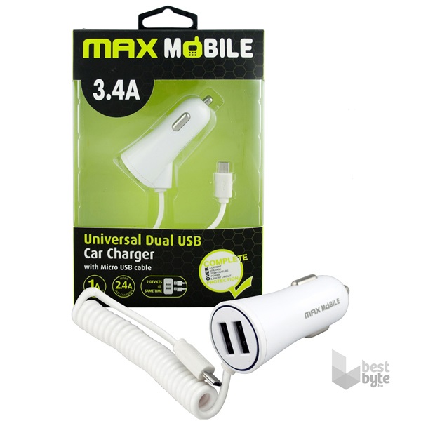 Max Mobile 3.4A univerzális 2xUSB fehér autós töltő micro USB kábellel Max Mobile 3.4A univerzális 2xUSB fehér autós töltő micro USB kábellel