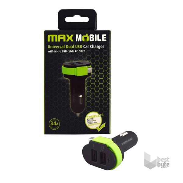 Max Mobile 3.4A univerzális 2xUSB fekete zöld autós töltő Micro USB kábellel Max Mobile 3.4A univerzális 2xUSB fekete zöld autós töltő Micro USB kábellel