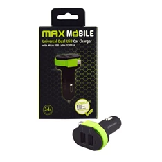 Max Mobile 3.4A univerzális 2xUSB fekete-zöld autós töltő Micro USB kábellel