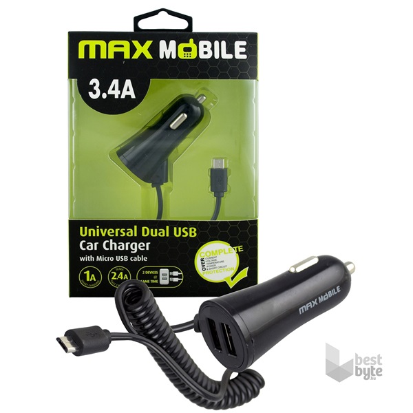 Max Mobile 3.4A univerzális 2xUSB fekete autós töltő Micro USB kábellel Max Mobile 3.4A univerzális 2xUSB fekete autós töltő Micro USB kábellel