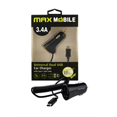 Max Mobile 3,4A univerzális autós töltő + fekete Type-C kábel