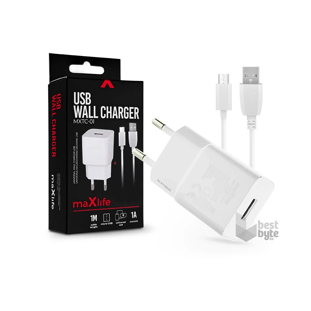 Maxlife TF-0102 univerzális fehér hálózati töltő adapter + 1m microUSB töltő és adatkábel