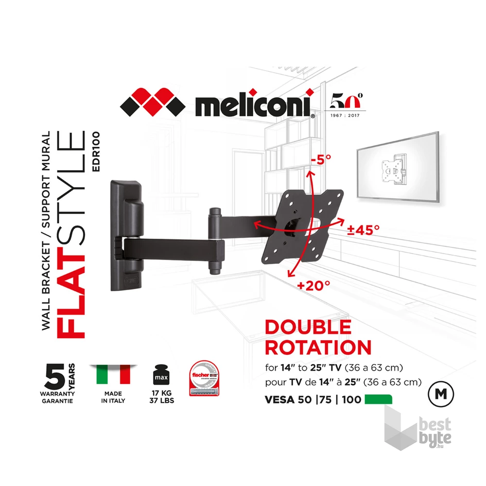 Meliconi FlatStyle FDR100 14"-25" VESA 100x100 dupla karos dönthető, forgatható fali konzol
