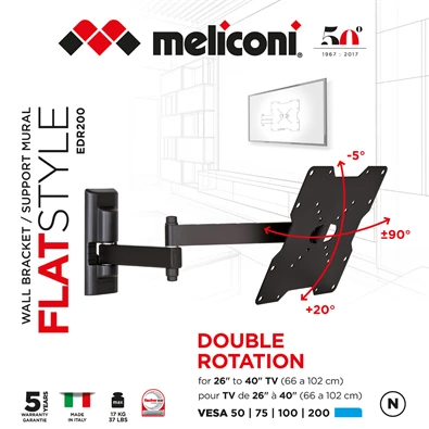 Meliconi FlatStyle FDR200 26"-40" VESA 200x200 dupla karos dönthető, forgatható fali konzol