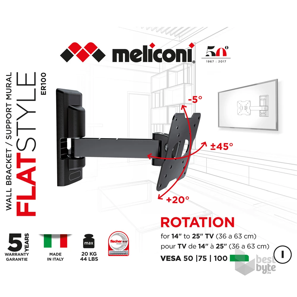 Meliconi FlatStyle FR100 dönthető, forgatható karos VESA 100 TV fali konzol