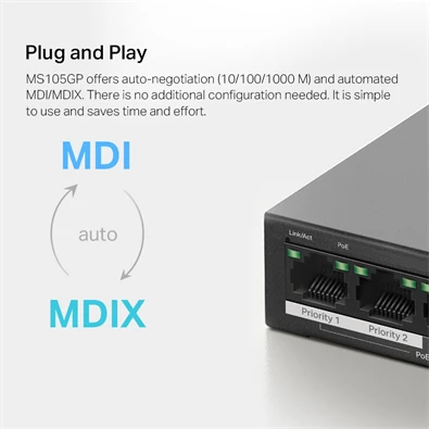 Mercusys MS105GP 5port 10/100/1000Mbps 4 port PoE+ nem menedzselhető asztali PoE+ Switch