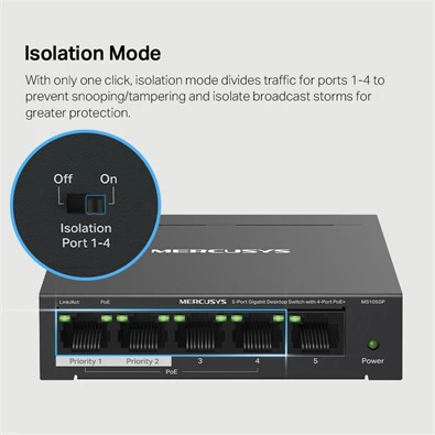 Mercusys MS105GP 5port 10/100/1000Mbps 4 port PoE+ nem menedzselhető asztali PoE+ Switch