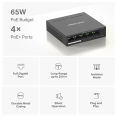 Mercusys MS105GP 5port 10/100/1000Mbps 4 port PoE+ nem menedzselhető asztali PoE+ Switch