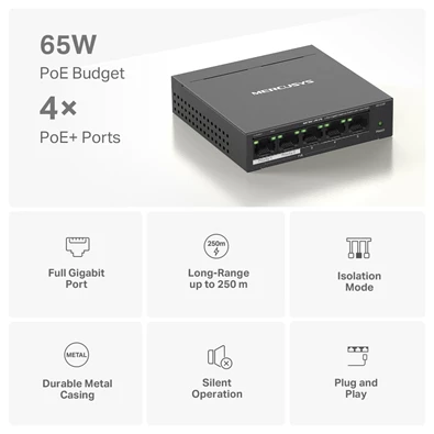 Mercusys MS105GP 5port 10/100/1000Mbps 4 port PoE+ nem menedzselhető asztali PoE+ Switch