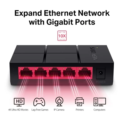 Mercusys MS105G 5 portos 10/100/1000Mbps nem menedzselhető fekete asztali switch