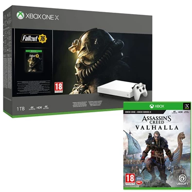 Microsoft Xbox One X 1TB fehér konzol + Fallout 76 + Assassin`s Creed Valhalla konzolcsomag