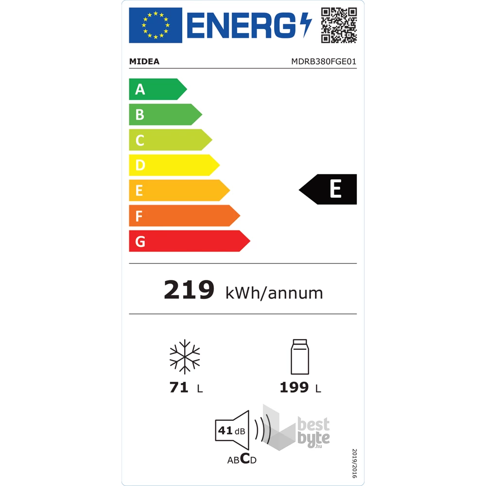 Midea MDRB380FGE01A fehér, alulfagyasztós, Hűtő:199L, Fagyasztó:71L, No frost hűtőszekrény
