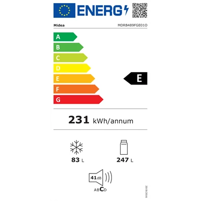 Midea MDRB489FGE01O fehér, alulfagyasztós, Hűtő:247L, Fagyasztó:83L, No frost hűtőszekrény