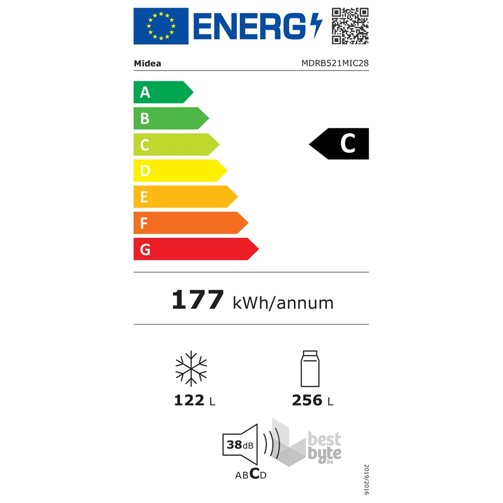 Midea MDRB521MIC28 fekete, alulfagyasztós, Hűtő:256L, Fagyasztó:122L, No frost hűtőszekrény