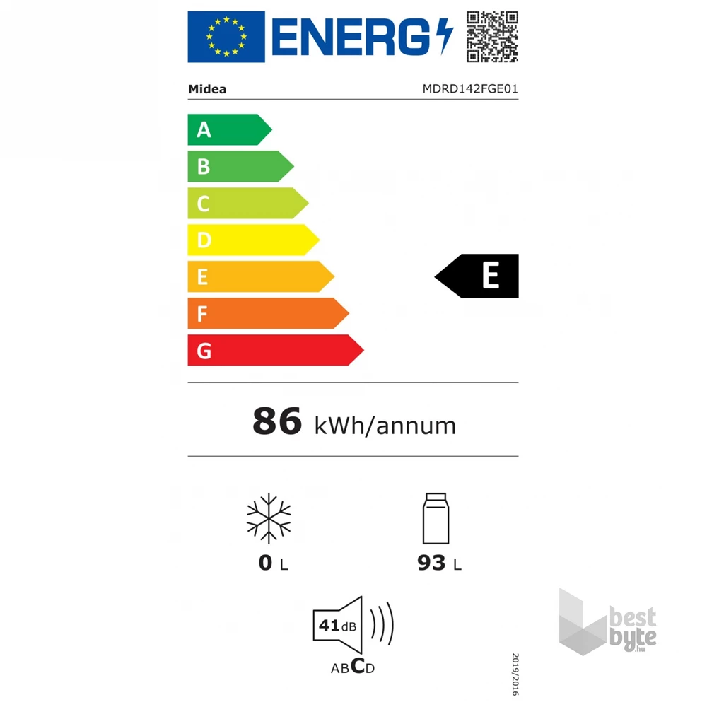Midea MDRD142FGE01 fehér, egyajtós, Hűtő:93L, hűtőszekrény