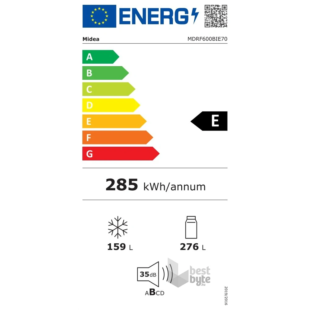 Midea MDRF600BIE70 inox, négyajtós, Hűtő:276L, Fagyasztó:159L, No frost hűtőszekrény
