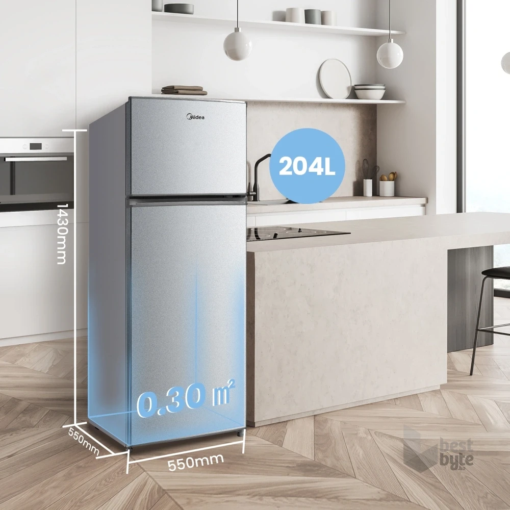 Midea MDRT294FGE50 ezüst, felülfagyasztós, Hűtő:163L, Fagyasztó:41L, hűtőszekrény