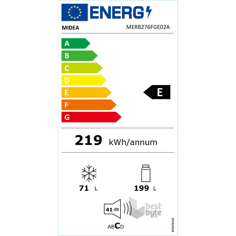 Midea MERB276FGE02A inox, alulfagyasztós, Hűtő:199L, Fagyasztó:71L, No frost hűtőszekrény