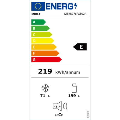 Midea MERB276FGE02A inox, alulfagyasztós, Hűtő:199L, Fagyasztó:71L, No frost hűtőszekrény