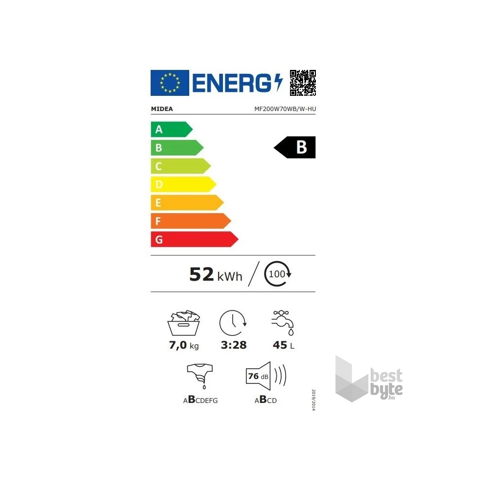 Midea MF200W70WB/W-HU fehér, elöltöltős, max.1400ford., 7 kg, mosógép