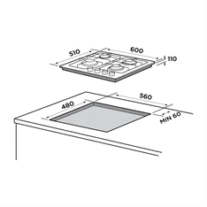 Midea MG60084TGB-HR fekete, beépíthető, gáz, főzőzóna: 4 +1 wok égőfej, beépíthető méret: 56cm, főzőlap