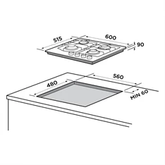 Midea MG60096TGB-HR fekete, beépíthető, gáz, főzőzóna: 4 +1 wok égőfej, beépíthető méret: 56cm, főzőlap