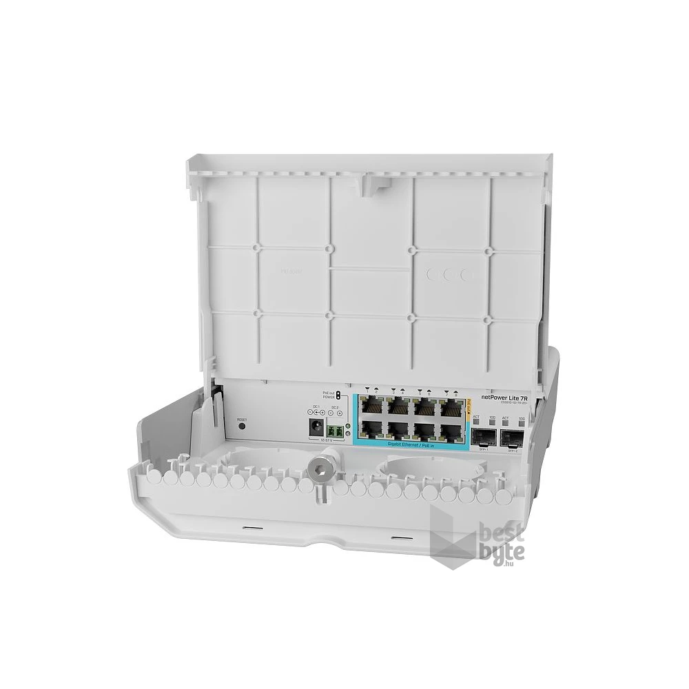 MikroTik netPower Lite 7R 8xGbE LAN 2xSFP+ port kültéri switch (7x Reverse PoE-in, 1xPoE-out)