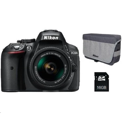 Nikon D5300 + AF-P 18-55VR + táska + 16GB kártya fekete digitális tükörreflexes fényképezőgép