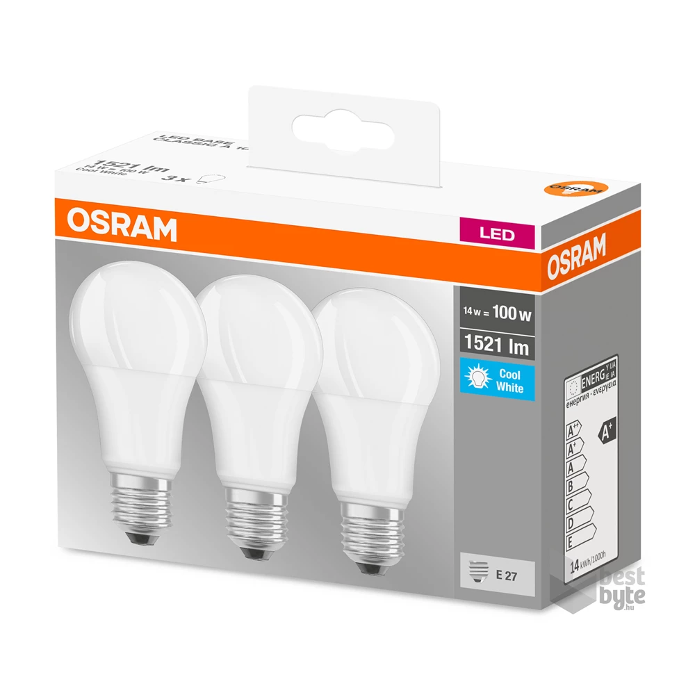 Osram Base matt műanyag búra/14W/1521lm/4000K/E27 LED körte izzó 3 db