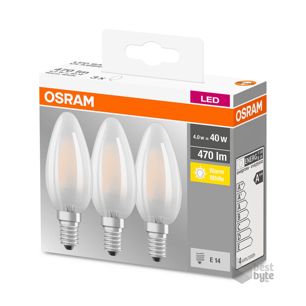 Osram Base matt üveg búra/4W/470lm/2700K/E14 LED gyertya izzó 3 db