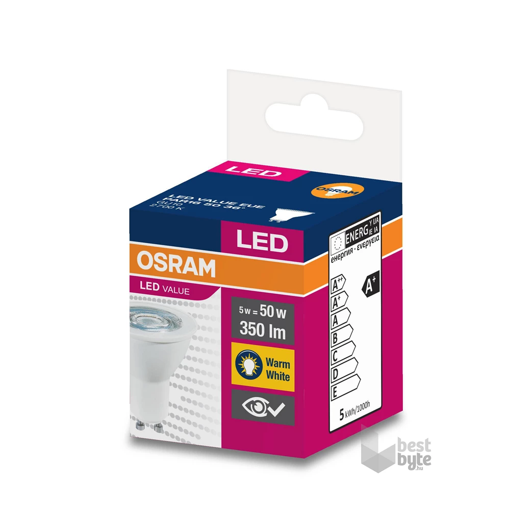 Osram Value PAR16 műanyag ház/5W/350lm/2700K/GU10/230V/36fok/70lm/W LED spot izzó