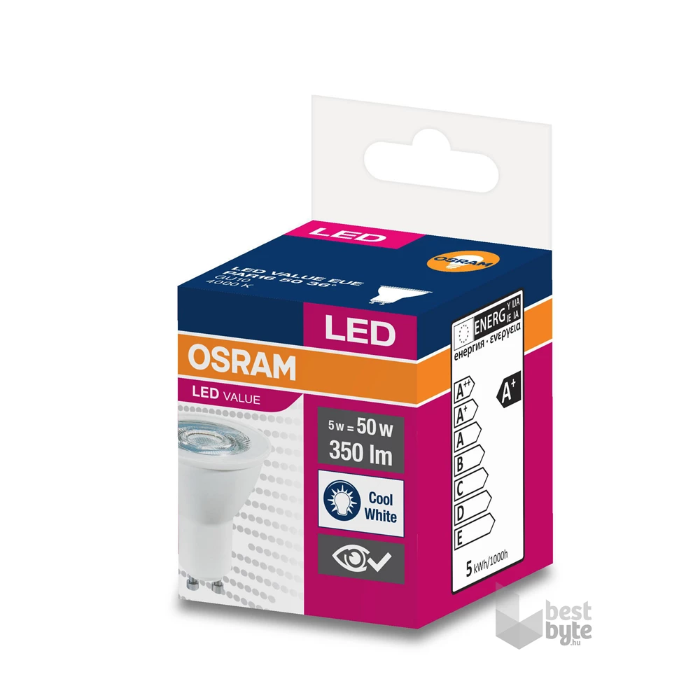 Osram Value PAR16 műanyag ház/5W/350lm/4000K/GU10/230V/36fok/70lm/W LED spot izzó