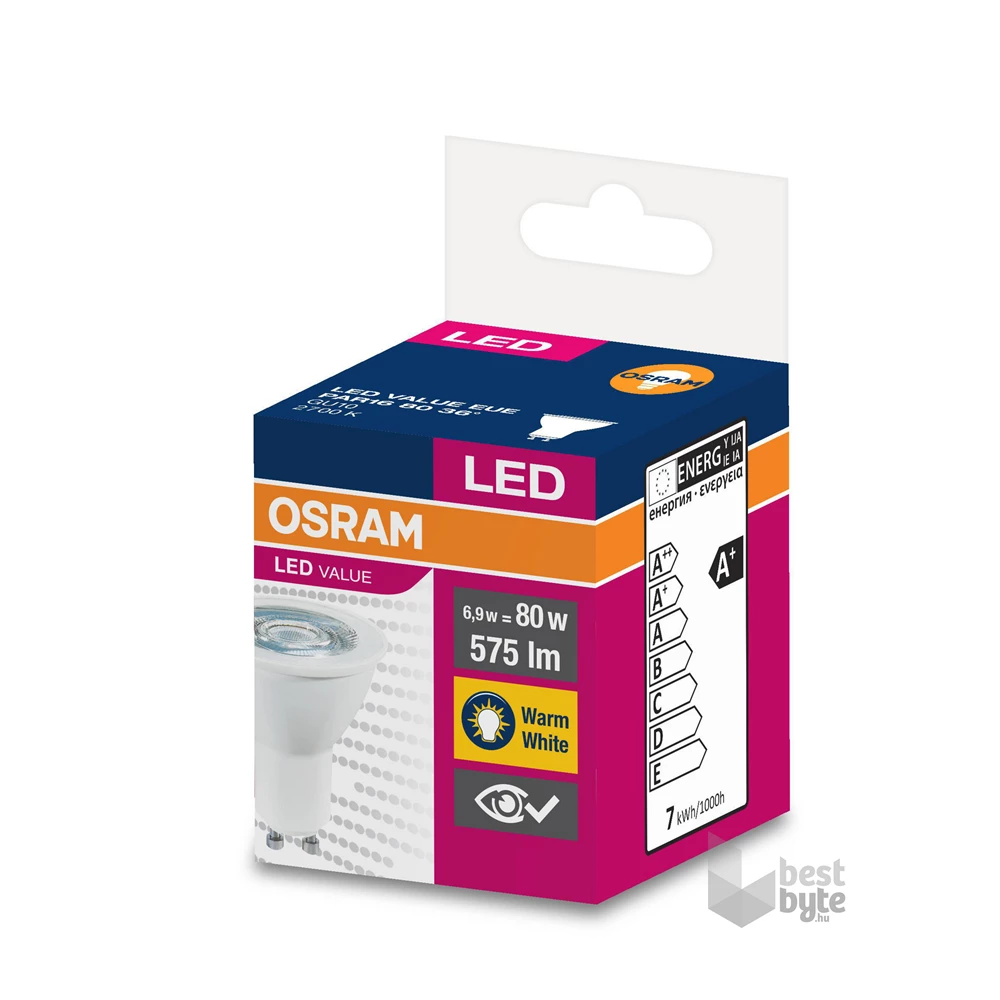 Osram Value PAR16 műanyag ház/6,9W/575lm/2700K/GU10/230V/36fok/83lm/W LED spot izzó