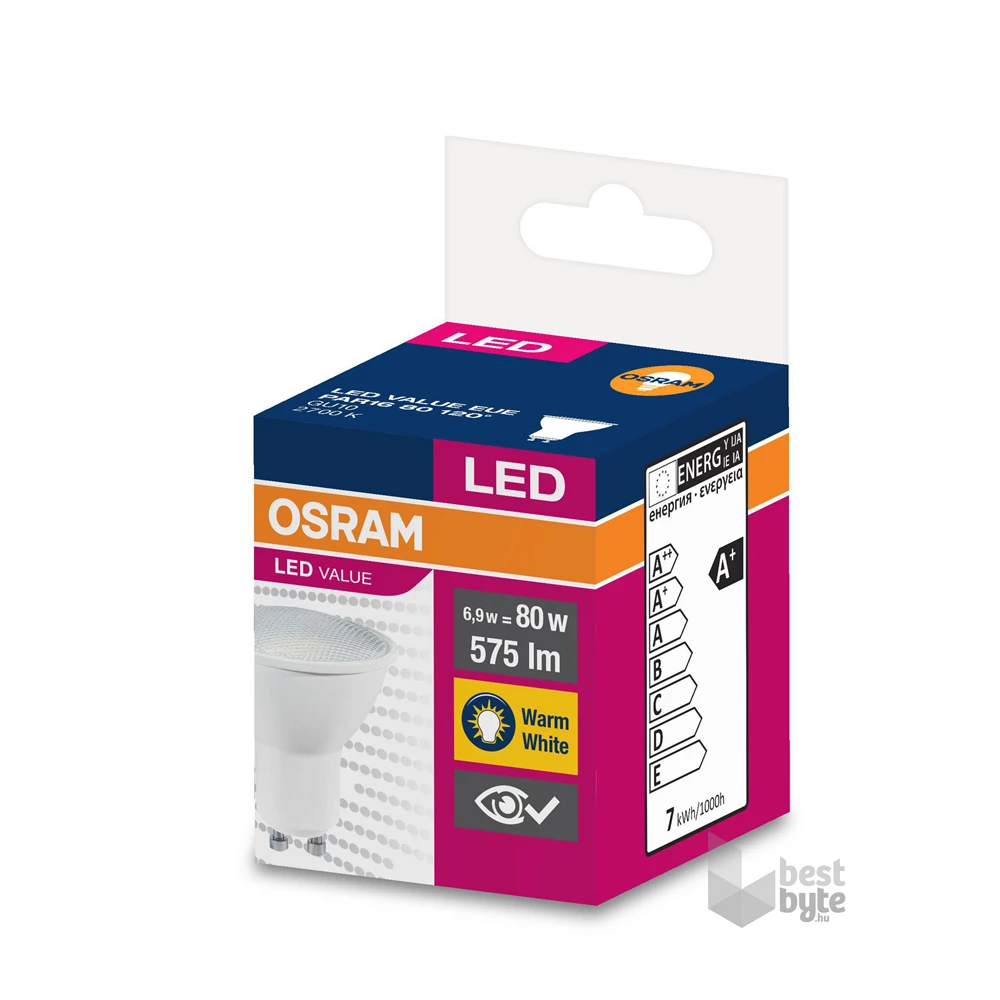 Osram Value PAR16 műanyag ház/6,9W/575lm/2700K/GU10/230V/120fok/83lm/W LED spot izzó