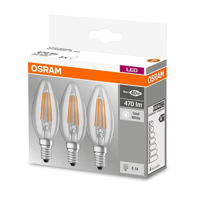 Osram Base átlátszó üveg búra/4W/470lm/4000K/E14/dobozos LED gyertya izzó 3 db