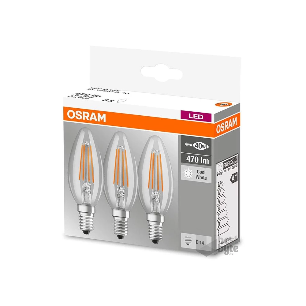 Osram Base átlátszó üveg búra/4W/470lm/4000K/E14/dobozos LED gyertya izzó 3 db
