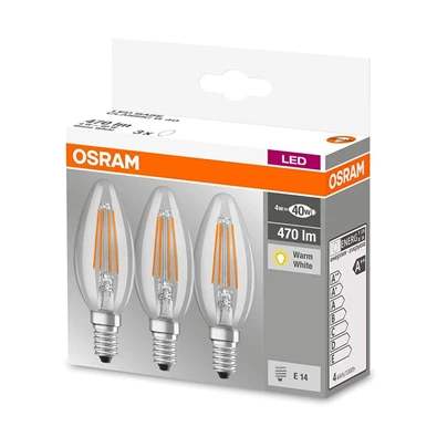 Osram Base átlátszó üveg búra/4W/470lm/2700K/E14/dobozos LED gyertya izzó 3 db
