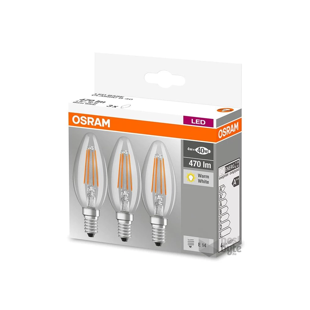 Osram Base átlátszó üveg búra/4W/470lm/2700K/E14/dobozos LED gyertya izzó 3 db