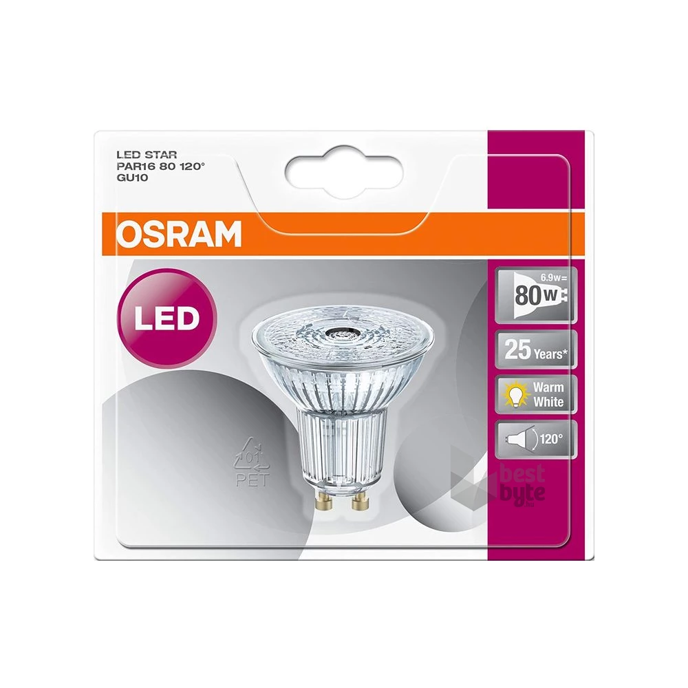 Osram Star PAR16 üveg ház/6,9W/575lm/2700K/GU10/230V/120fok/83lm/W LED spot izzó