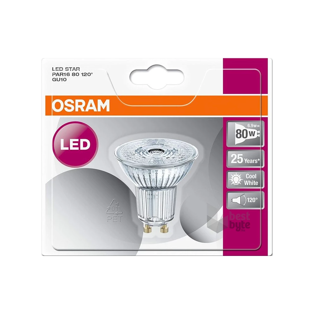 Osram Star PAR16 üveg ház/6,9W/575lm/4000K/GU10/230V/120fok/83lm/W LED spot izzó