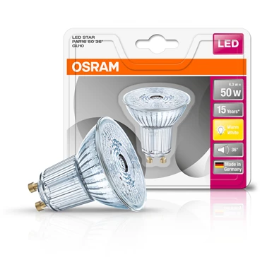 Osram Star PAR16 üveg ház/4,3W/350lm/2700K/GU10/230V/36fok/81lm/W LED spot izzó