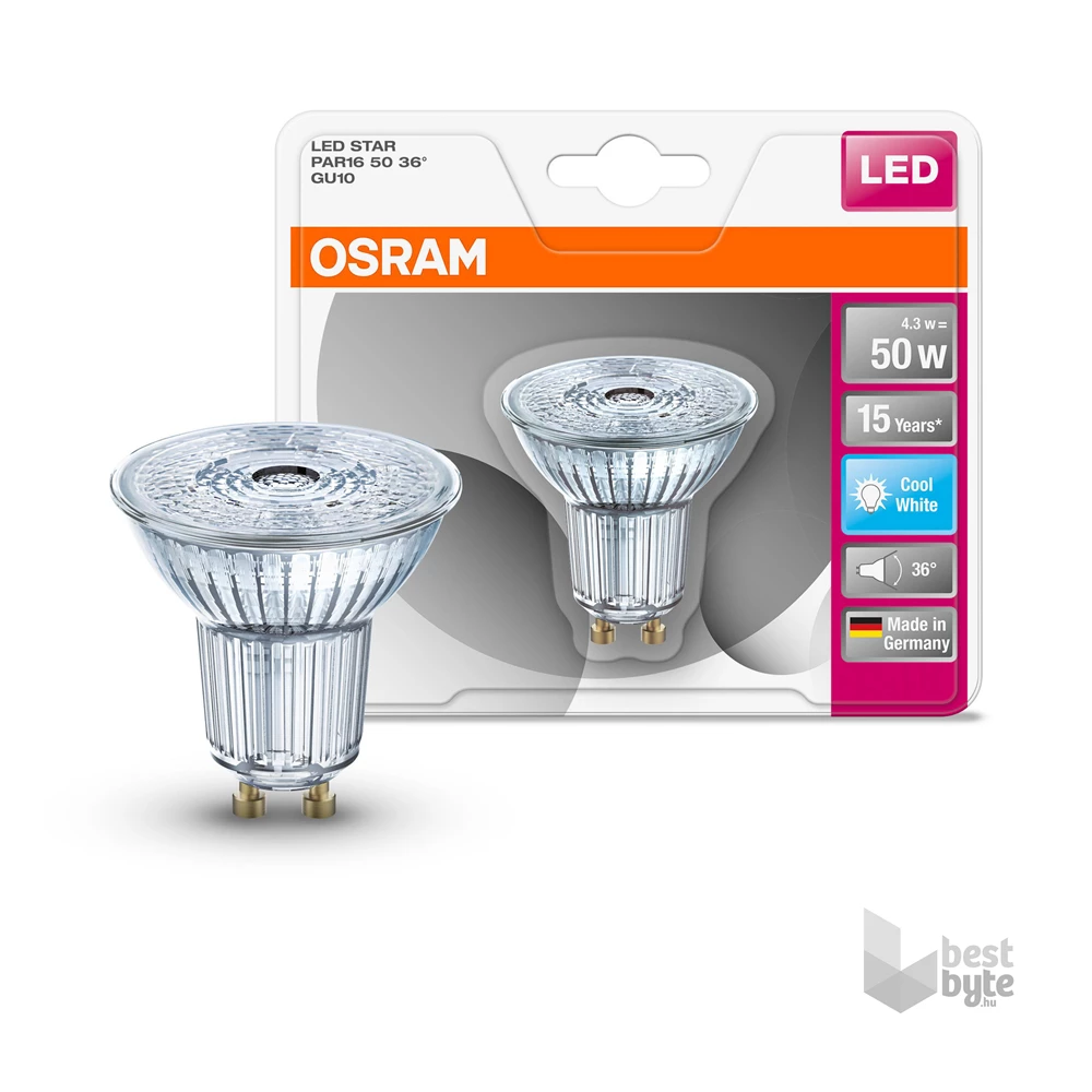 Osram Star PAR16 üveg ház/4,3W/350lm/4000K/GU10/230V/36fok/81lm/W LED spot izzó