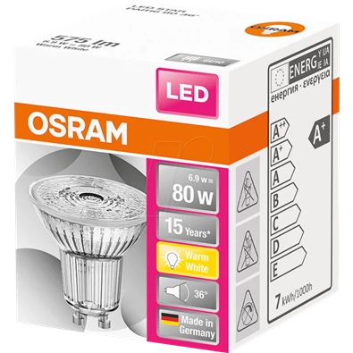 Osram Star PAR16 üveg ház/6,9W/575lm/2700K/GU10/230V/36fok/83lm/W LED spot izzó
