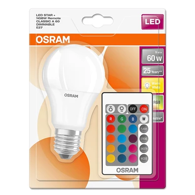 Osram Star+ RGBW/matt búra/9W/806lm/2700K/E27 távirányítható LED körte izzó