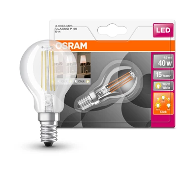 Osram Star+ üveg búra/4W/470lm/2700K/E14 3 fokozatban  szabályozható LED kisgömb izzó