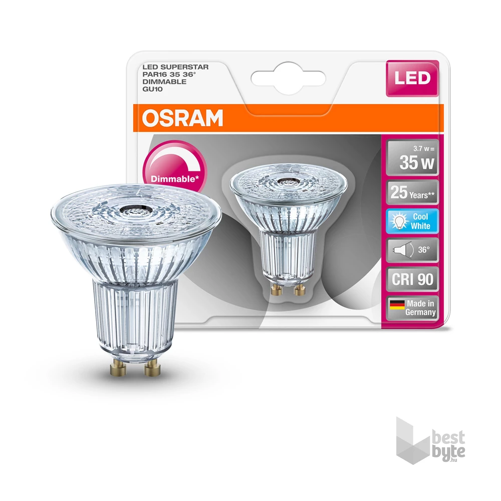 Osram Superstar PAR16 üveg ház/3,7W/230lm/4000K/GU10/230V dimmelhető LED spot izzó