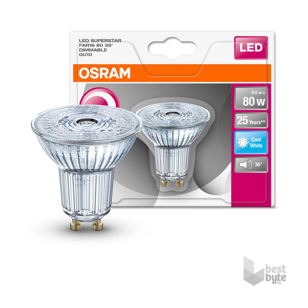Osram Superstar PAR16 üveg ház/8W/575lm/4000K/GU10/230V/36fok dimmelhető LED spot izzó