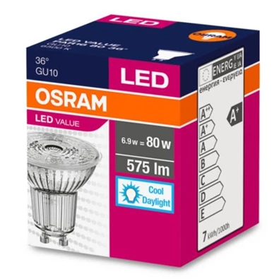Osram Value PAR16 üveg ház/6,9W/575lm/3000K/GU10/230V/meleg fehér/120fok LED spot izzó
